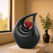 SOULURNS Large Teardrop Cremation Urn for Human Ashes – 2.9 Liter Adult Memorial Urn, Solid Aluminium, Black Enamel Finish with Red Heart Accent, Elegant Keepsake Urn for Home Display